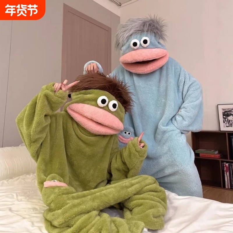 正版丑鱼连体睡衣冬季珊瑚绒加厚保暖卡通搞怪抽象大嘴怪睡袍大码,女士内衣/男士内衣/家居服,睡衣/家居服套装,淘宝优惠券,粉丝福利购,淘宝优惠卷