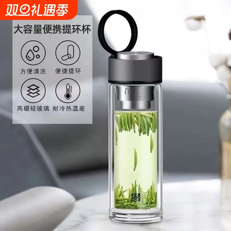 双层高硼硅玻璃杯泡茶玻璃水杯带手提环商务杯杯子大容量茶水防爆