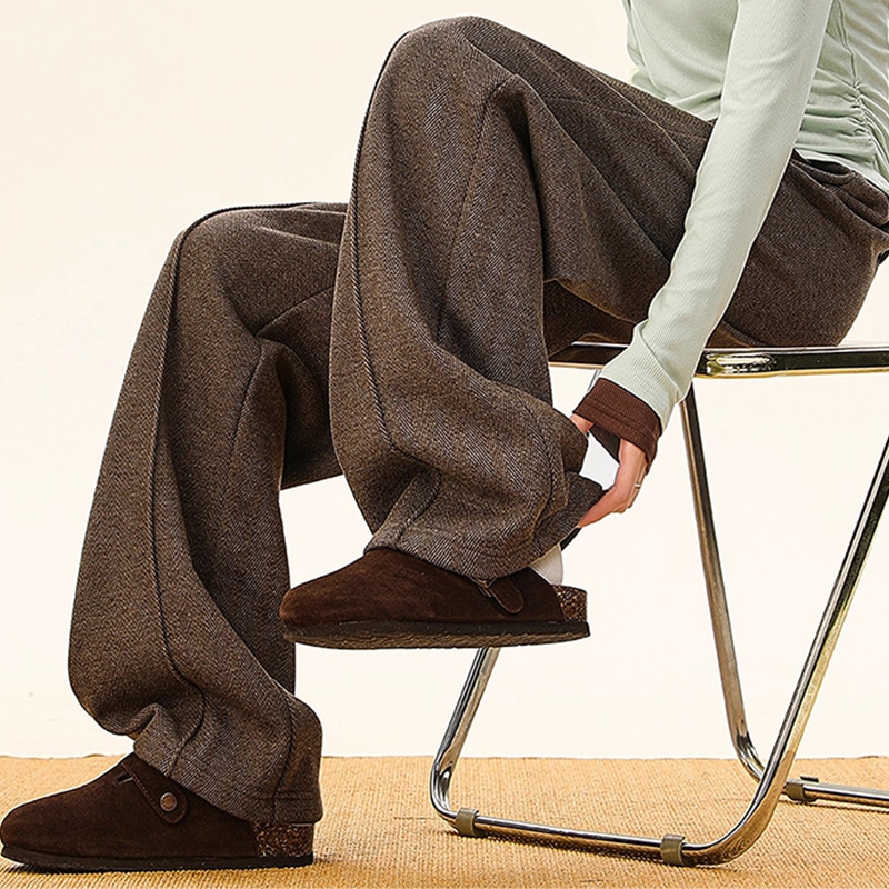 美拉德咖色加绒加厚休闲裤男女秋冬季垂感阔腿裤休闲复古直筒裤