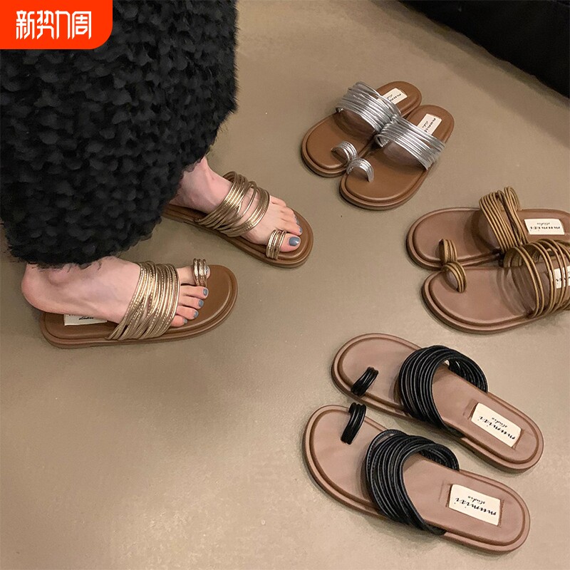 小众套凉拖鞋女夏外穿2026新款配裙子海边平底罗马凉鞋银色金色