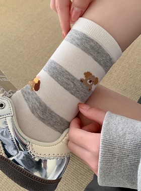 蓝灰色拼接袜子女2025新款爆款日系条纹韩系ins潮卡通小狗中筒袜