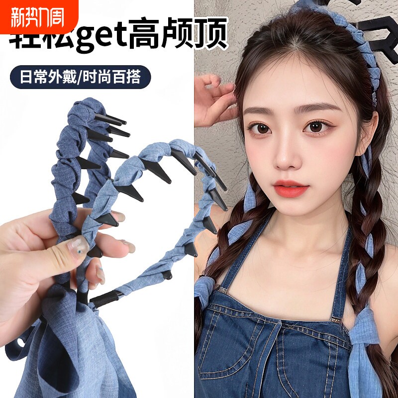 新款夏日清凉感麻花结甜辣少女全扎齿梳飘带发箍百搭牛仔飘带发带