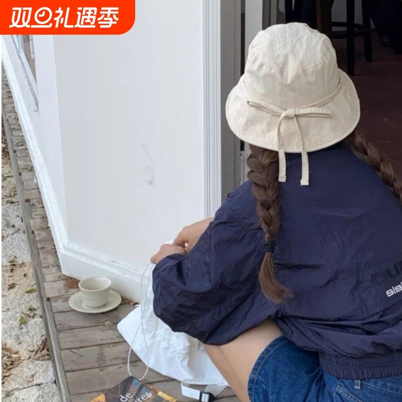 抽绳渔夫帽子女夏季薄款轻便防晒遮阳帽百搭显脸小盆帽潮大檐平顶