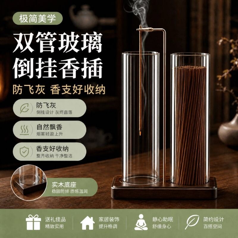 双管玻璃倒挂香插盘线香创意收纳图片