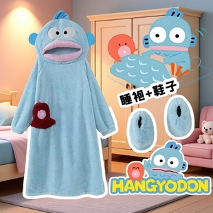 珊瑚绒丑鱼汉顿搞怪连体情侣抽象睡衣男女冬季 加绒加厚卡通家居服