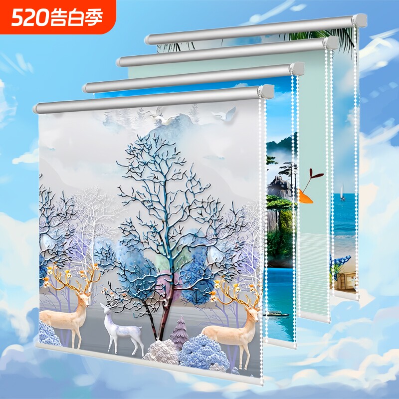 厨房家用简易窗帘卷拉式全遮光2024新款厕所伸缩卷轴画卷帘拉绳款