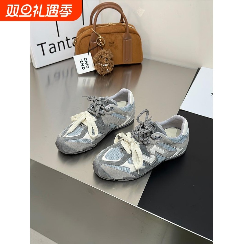 超软底真皮网面内增高德训鞋女2025春夏款双鞋带显脚小运动阿甘鞋