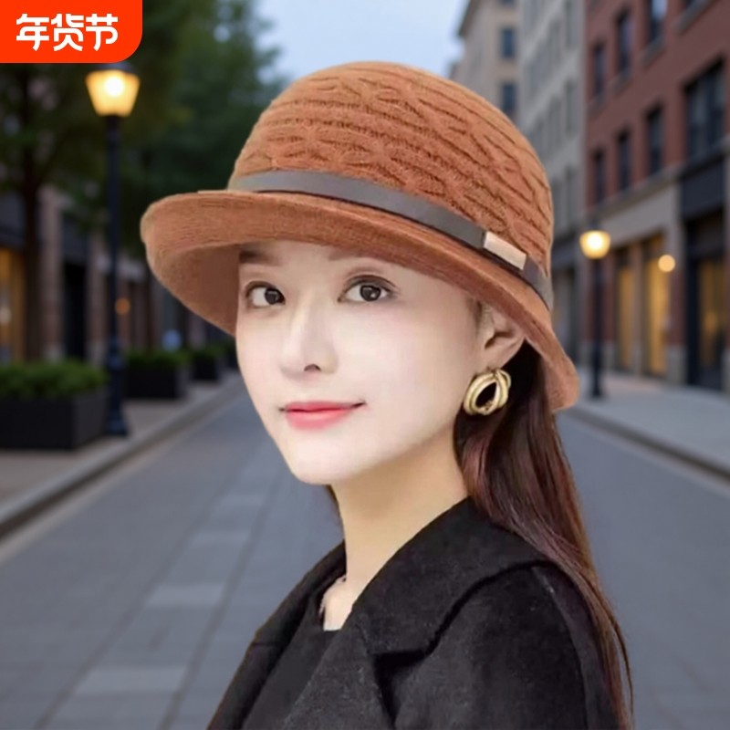 日系针织卷边小礼帽渔夫帽子女秋冬复古百搭英伦名媛圆顶盆帽韩版