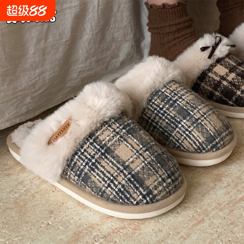 细细条 加绒平底包头毛毛鞋男士冬季休闲居家韩版复古格子棉拖鞋