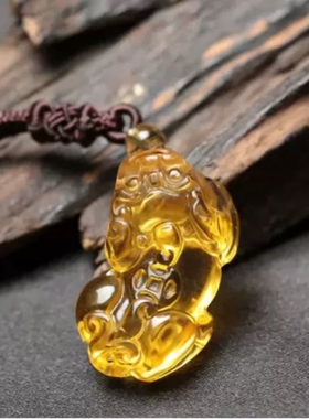 天然黄水晶貔貅吊坠黑曜石白水晶
