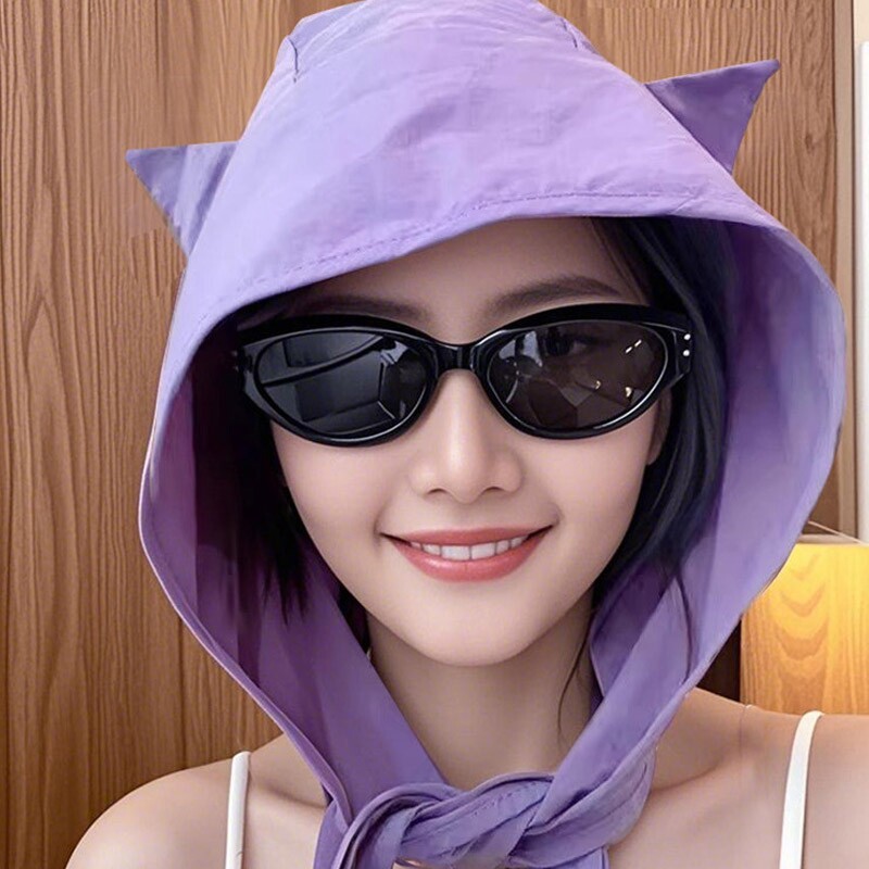 可爱小恶魔系带头巾帽女士2026新款遮阳透气速干包头绑带防晒帽子