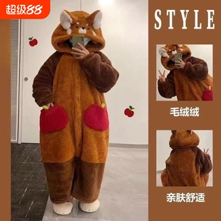 秋冬可爱小浣熊珊瑚绒睡袍女冬季加绒加厚居家服情侣睡衣绿色黑色