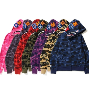 潮牌APE连帽卫衣重磅纯棉SHARK 冬 APE鲨鱼迷彩拉链外套夜光亲子装