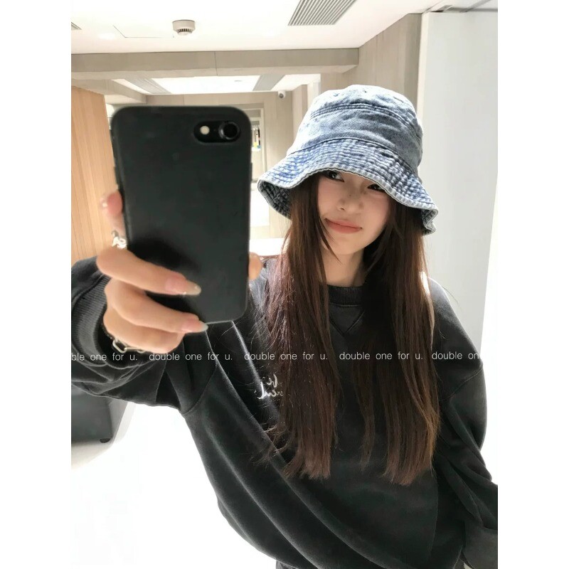 水洗做旧牛仔渔夫帽女日系百搭显脸小盆帽大头围水桶帽子2026新款