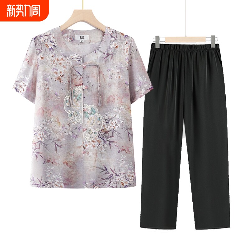 夏天夏装女国风套装妈妈短袖衬衫老人衣服奶奶中老年人两件套上衣