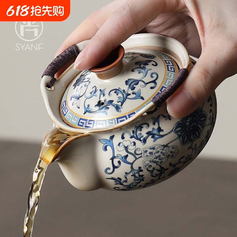 功夫茶具泡茶手抓壶盖碗茶杯高档大号防烫家用青花汝窑茶碗带盖