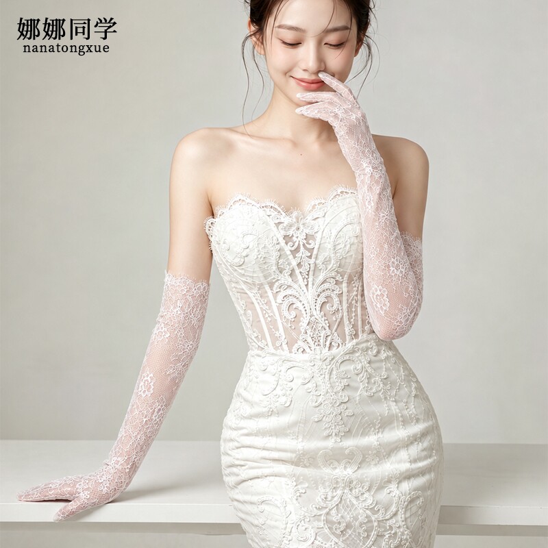 新款新娘手套超仙白色蕾丝薄纱长款婚纱礼服拍照性感复古礼服手套