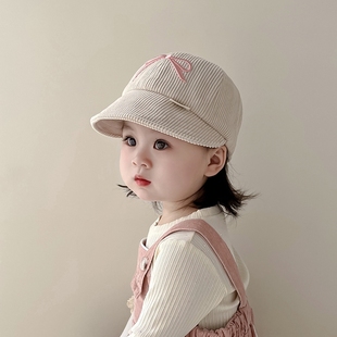 女童帽子秋冬季 防风保暖鸭舌帽女宝宝蝴蝶结遮阳棒球帽春粉色红色