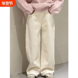春秋冬季女童牛仔裤中大童韩版一体加绒白色裤子加厚直筒裤儿童装