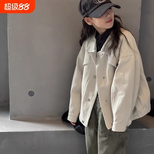 童装女童春秋季新款宽松牛仔外套洋气儿童韩版夹克上衣潮薄款白色