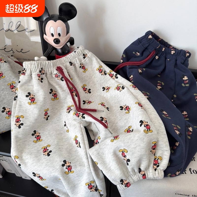 棉质儿童裤子春秋款宽松卫裤男女童卡通束腿裤宝宝休闲九分