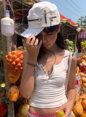 拉链报童帽复古做旧非洲菊平顶帽