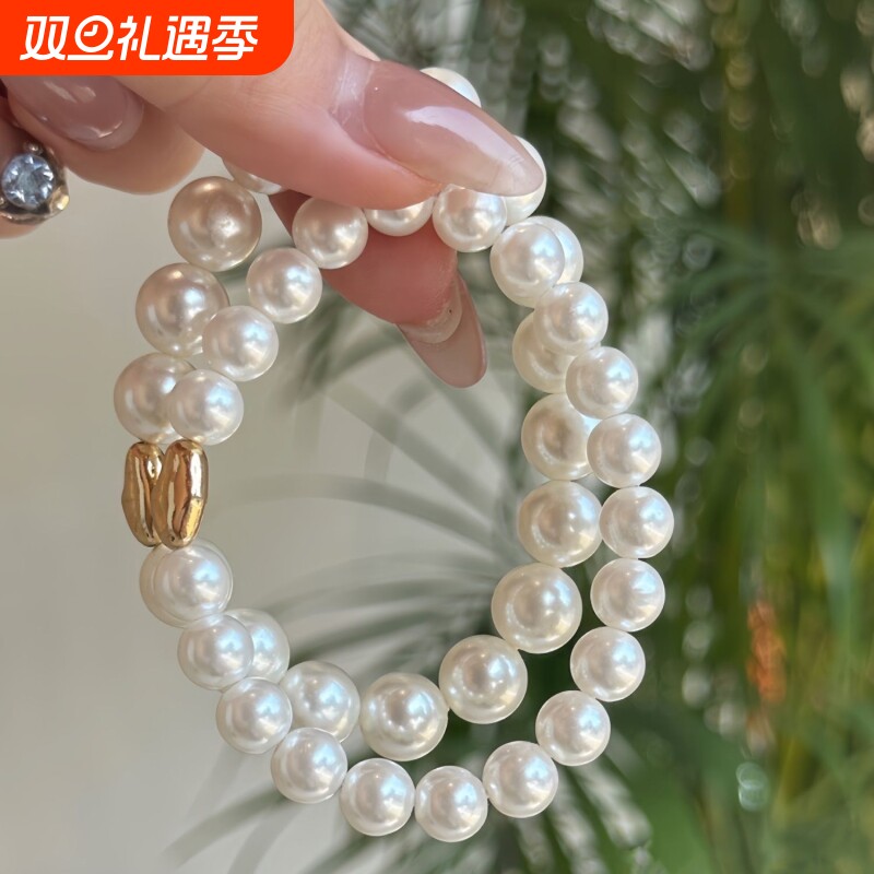 2023珍珠手链正圆强光巴洛克金属复古港风弹力绳串珠百搭手工朱砂