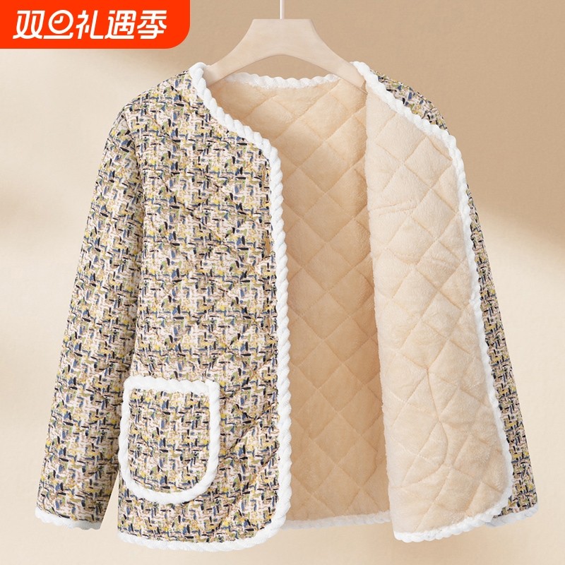 驼绒秋冬小棉袄加绒外套妈妈女装冬季保暖衣服黑白红色格子绿色