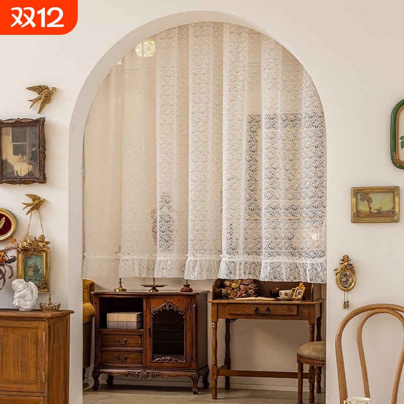 免打孔魔术贴法式复古蕾丝门帘窗帘窗纱帘客厅阳台飘窗短帘隔断帘