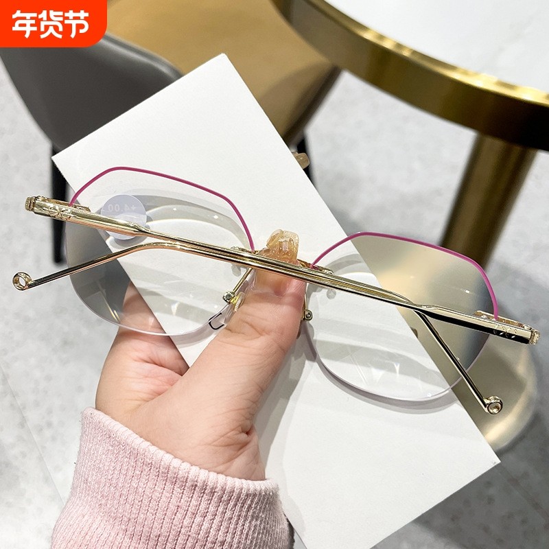 新款钻石切边圆形无框老花镜 女士防蓝光高清PC金属老花眼镜批发