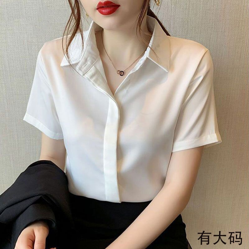 夏季白色短袖衬衫女职业气质2026新款雪纺衬衣宽松上衣黑色蓝色