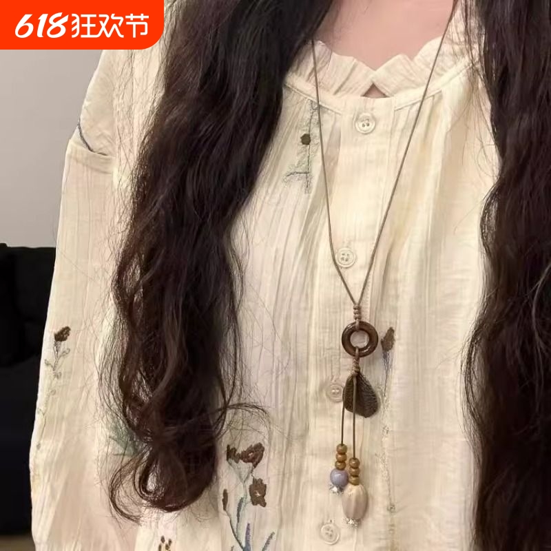 新中式复古圆环树叶吊坠项链民族风长款毛衣链小众设计配饰女
