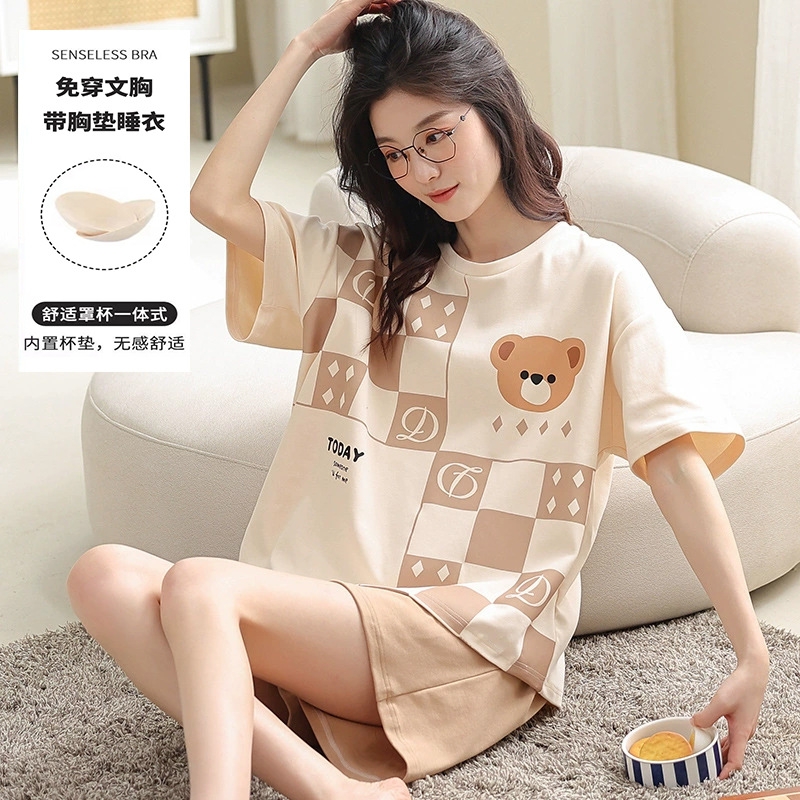 睡衣女款2025新款夏季高级感女士短袖夏天超火可外穿带胸垫家居服