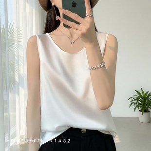 夏醋酸上衣无袖 吊带背心女内搭圆领打底配西装 仿真丝缎面宽松大码