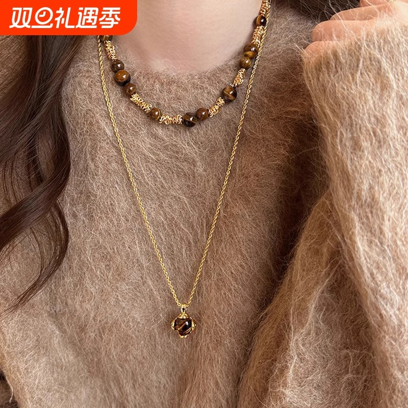 复古气质美拉德虎眼石款吊坠项链女秋冬气质长款毛衣链高级感颈链