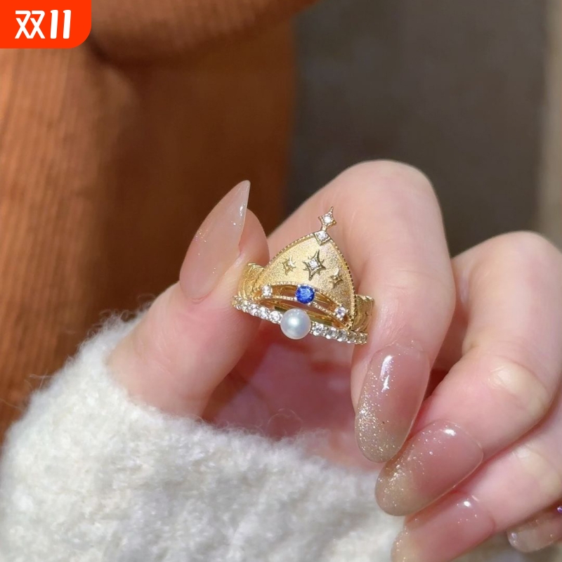 法式复古艺术感镶钻皇冠戒指女轻奢高级感巴洛克城堡珍珠指环女戒