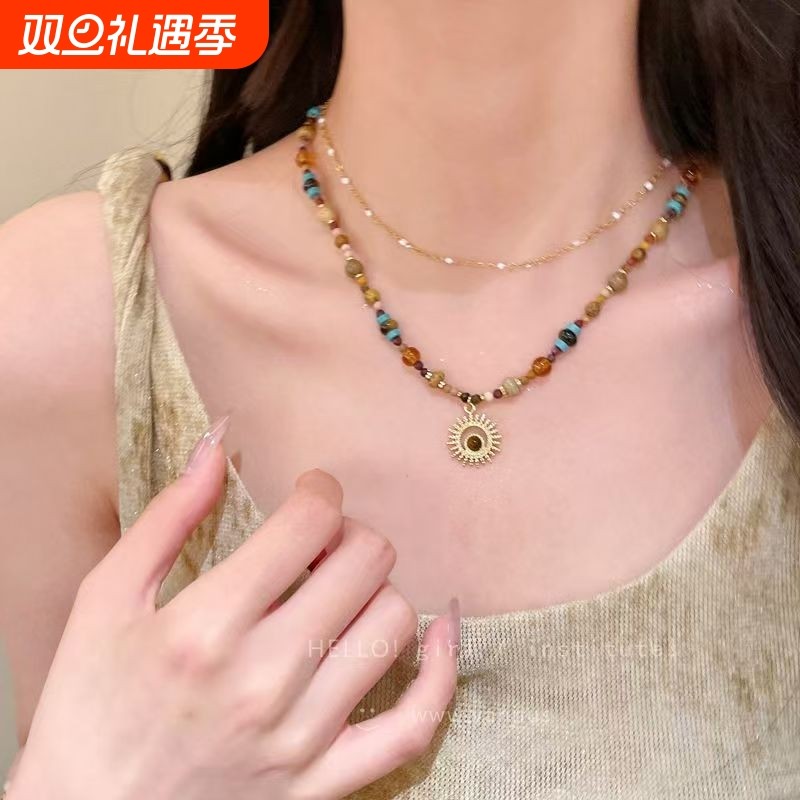 美拉德复古太阳花串珠项链高级感轻奢小众锁骨链民族风叠戴卫衣链