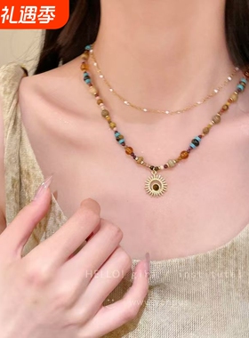 美拉德复古太阳花串珠项链高级感轻奢小众锁骨链民族风叠戴卫衣链
