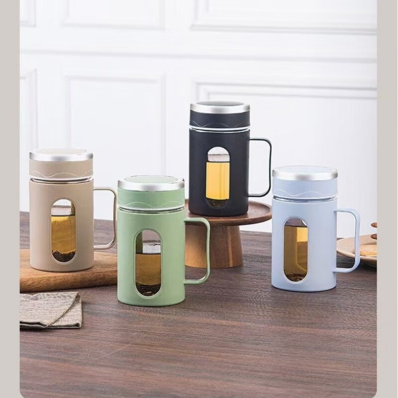 办公室双层玻璃水杯带把手塑壳礼品水杯茶水分离花茶杯多规格