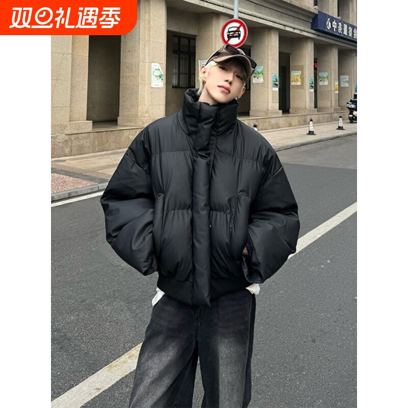 户外黑色cleanfit立领短款羽绒棉服男装冬季PU皮棉袄宽松百搭帅气