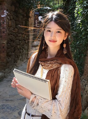 2026新款日系棕色碎花披肩外搭女士复古丝巾氛围感民族风拼接围巾