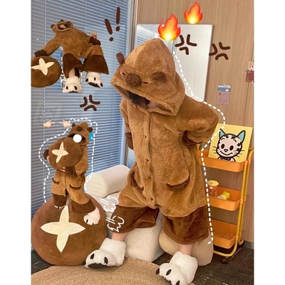 卡皮巴拉睡衣女秋冬珊瑚绒加厚加绒冬天睡袍长款法兰绒卡通家居服