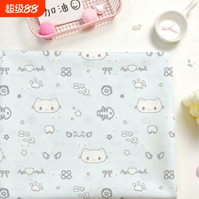 日系简笔小猫桌布格纹卡通印花DIY手工布料家用客厅茶几书桌台布