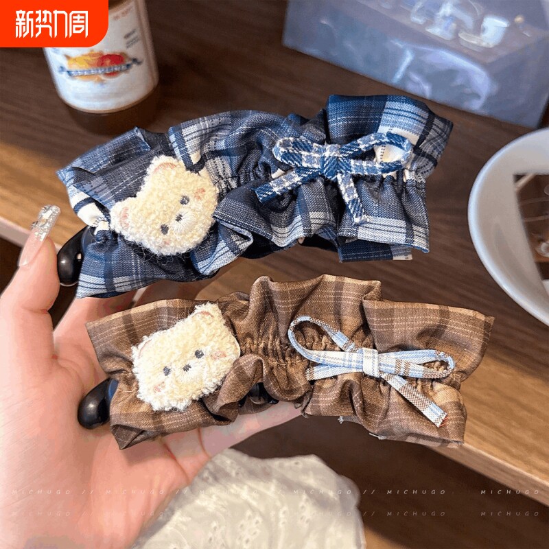 韩系可爱小熊格纹发夹女后脑勺马尾竖夹香蕉夹发卡子发饰短发蓝色