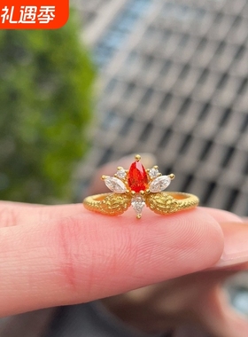 金色双生加冕蝴蝶戒指女小众复古指环时尚蛇年生肖食指戒婚礼刻字