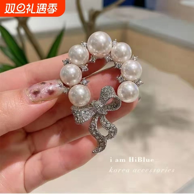 韩国东大门高档奢华精致水钻珍珠圆环蝴蝶结胸针女别针丝巾扣
