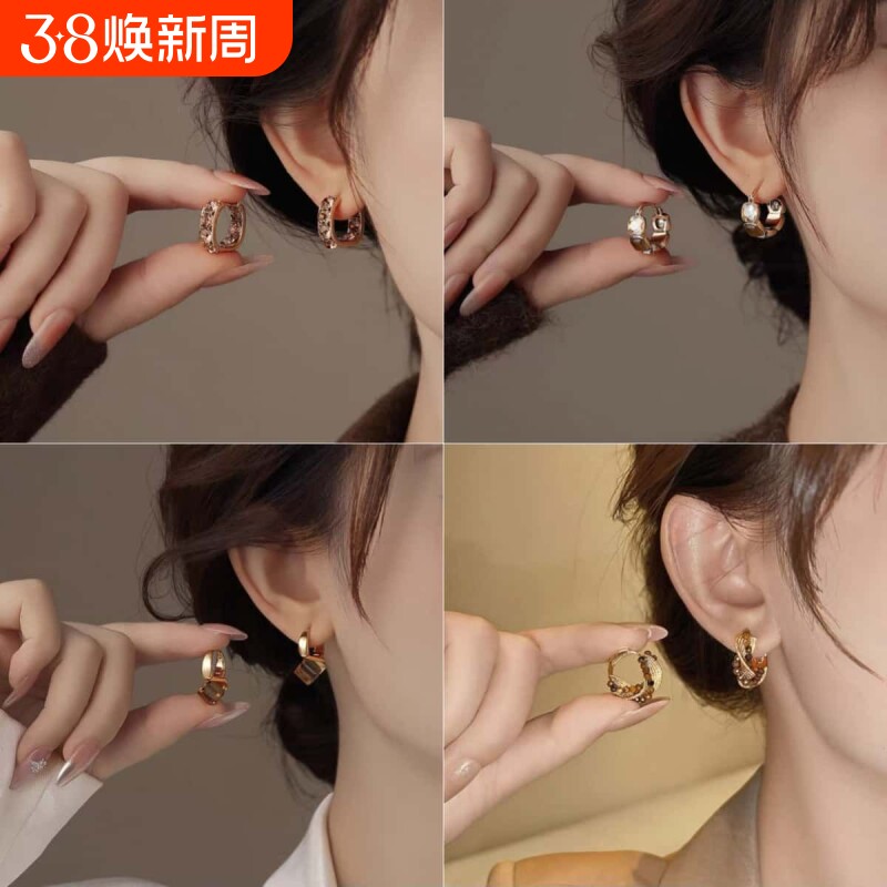 轻奢高级感咖色满钻方形耳扣女复古港风耳环时尚气质百搭超闪耳饰