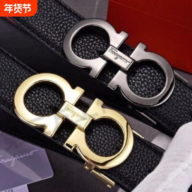 3.5CM8字扣无头皮带条马蹄纹黑色男士真皮头层纯牛皮奢侈大牌腰