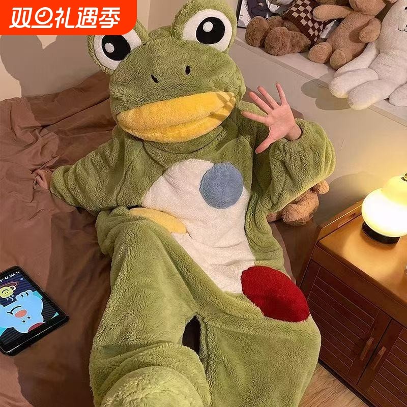 青蛙连体睡衣家居服珊瑚绒女可爱情侣睡袍男冬季毛绒睡裙外出外穿