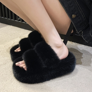 黑色毛毛拖鞋女外穿秋冬增高厚底毛绒办公室内家居网红爆款棉拖鞋